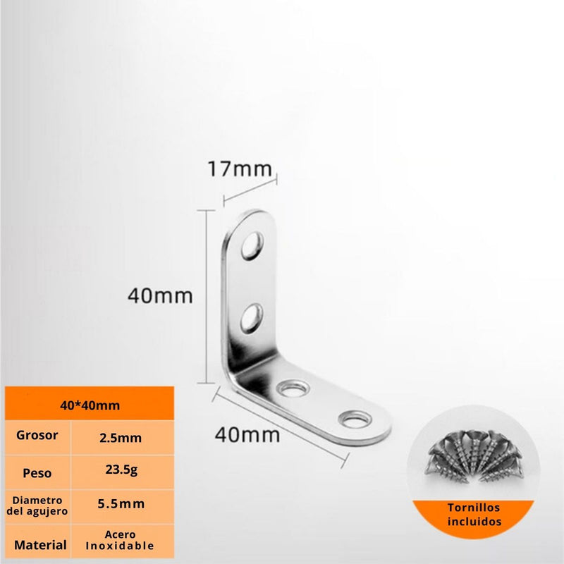 Escuadra De Acero Inoxidable 90º.1.6”x1.6”(40x40mm). Espesor 3.0mm Incluye Tornillos. Angulo