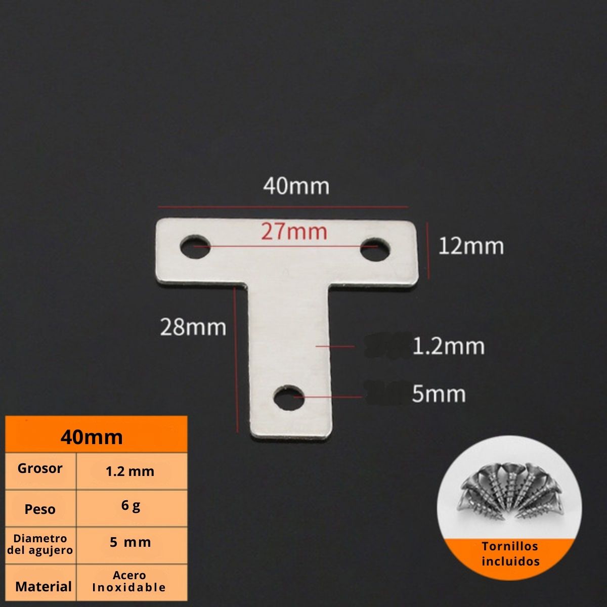 Placa De Unión Tipo T 1.6” (40 mm) De Acero Inoxidable Con Tornillos