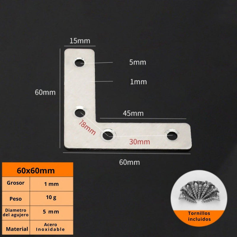 Angulo De Fijación L De Acero Inoxidable 2.4" 60X60Mm Refuerzo Escuadra Ángulo Con Tornillos escuadra