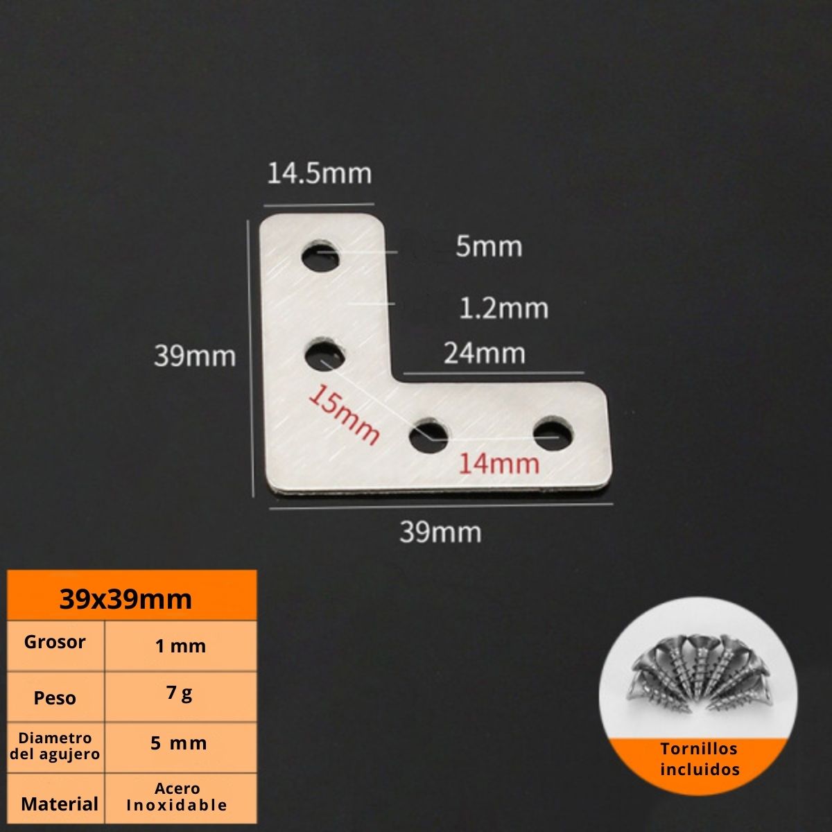 Angulo De Fijación L De Acero Inoxidable 1.5x1.5” 39X39mm Refuerzo Escuadra Ángulo Con Tornillos escuadra