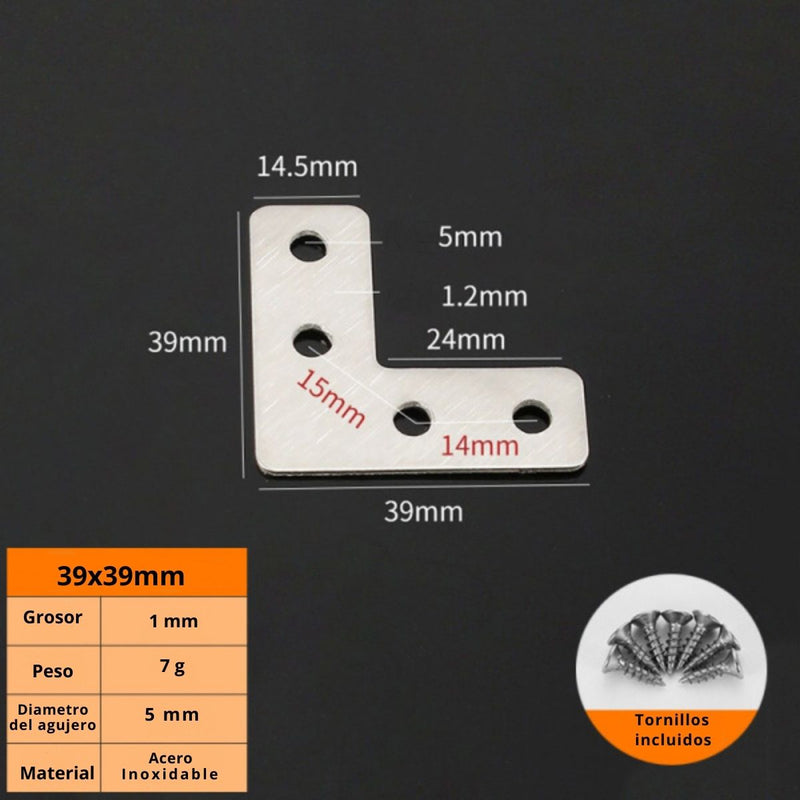 Angulo De Fijación L De Acero Inoxidable 1.5x1.5” 39X39mm Refuerzo Escuadra Ángulo Con Tornillos escuadra