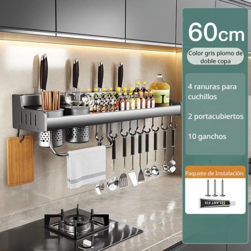 Organizador De Cocina De Pared De Aluminio Especial Con Repisa Y Ganchos. Estante Flotante Multiuso 23.6x5.3" (60x13.5cm)