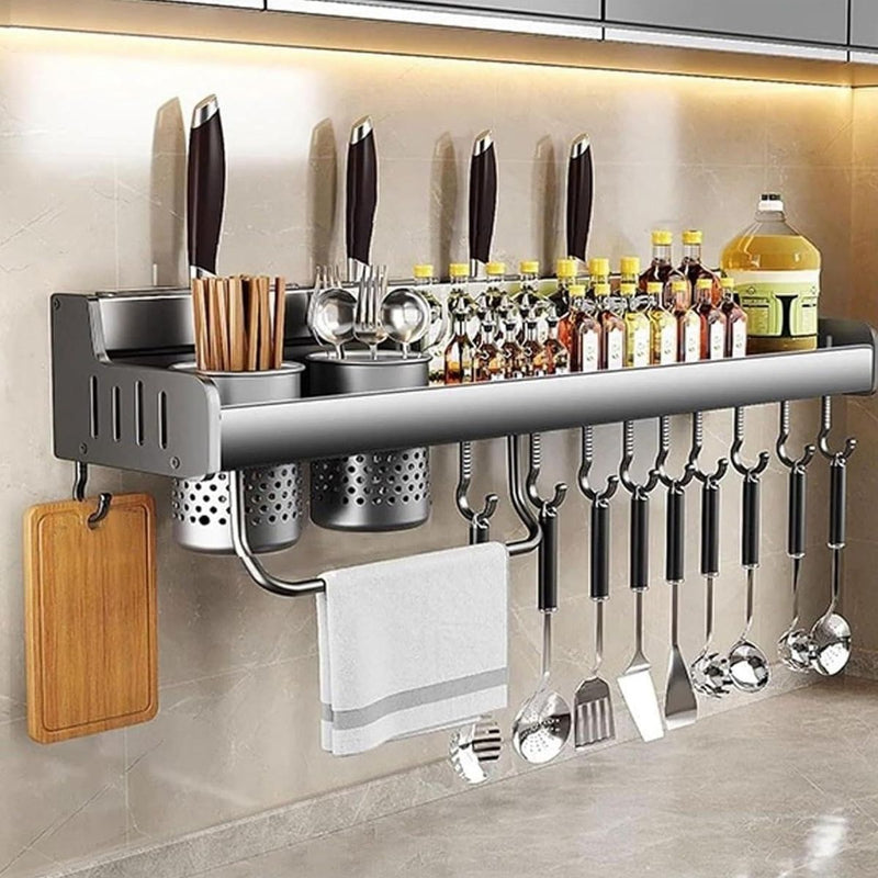 Organizador De Cocina De Pared De Aluminio Especial Con Repisa Y Ganchos. Estante Flotante Multiuso 23.6x5.3" (60x13.5cm)