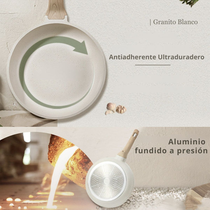 Ollas, Sarten Y Cacerolas Antiadherentes De Piedra De Maifan. Juego de Ollas Granito Blanco (18,24,24 y 28 cm) 100% Libre De Teflon.