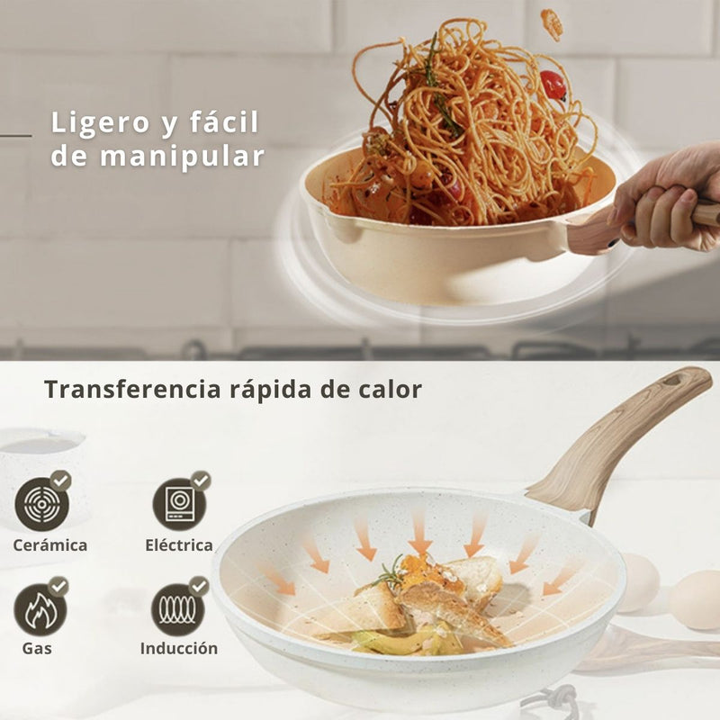 Ollas, Sarten Y Cacerolas Antiadherentes De Piedra De Maifan. Juego de Ollas Granito Blanco (18,24,24 y 28 cm) 100% Libre De Teflon.