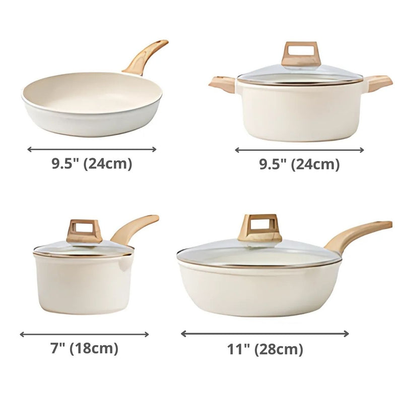 Ollas, Sarten Y Cacerolas Antiadherentes De Piedra De Maifan. Juego de Ollas Granito Blanco (18,24,24 y 28 cm) 100% Libre De Teflon.