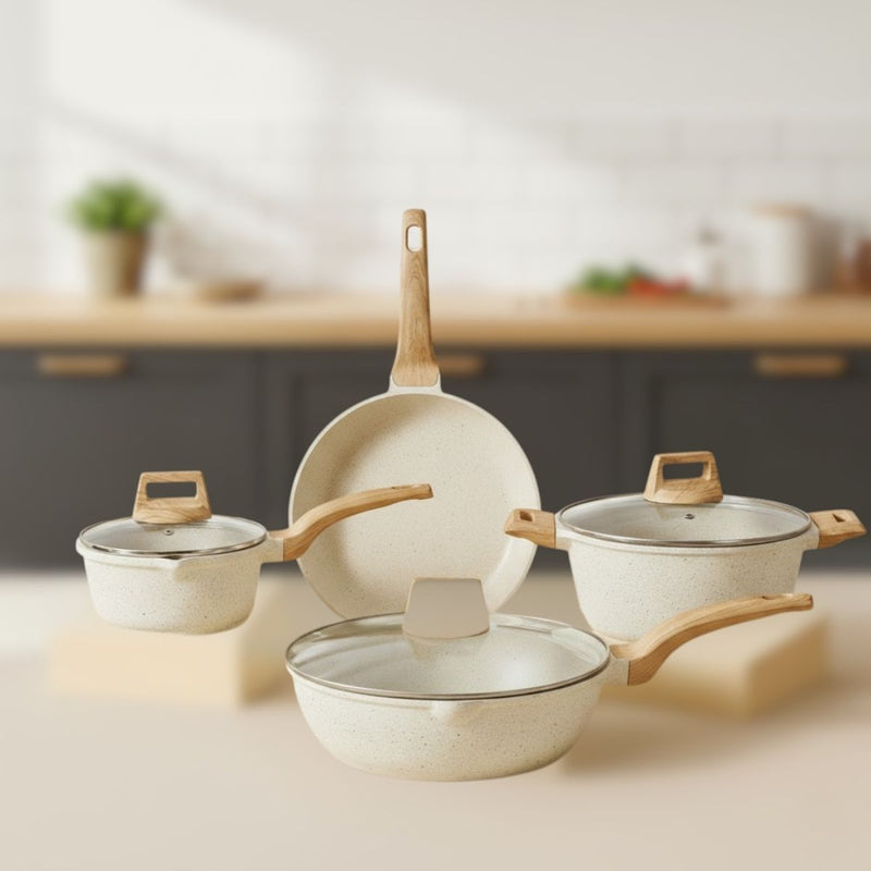 Ollas, Sarten Y Cacerolas Antiadherentes De Piedra De Maifan. Juego de Ollas Granito Blanco (18,24,24 y 28 cm) 100% Libre De Teflon.