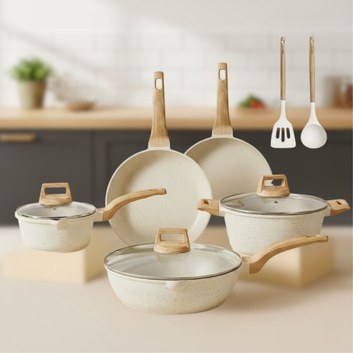 Ollas, Sartenes Y Cacerolas Antiadherentes De Piedra De Maifan. Juego de Ollas De Granito Blanco (18,20,24,24,28 y 28 cm) 100% Libre De Teflón.