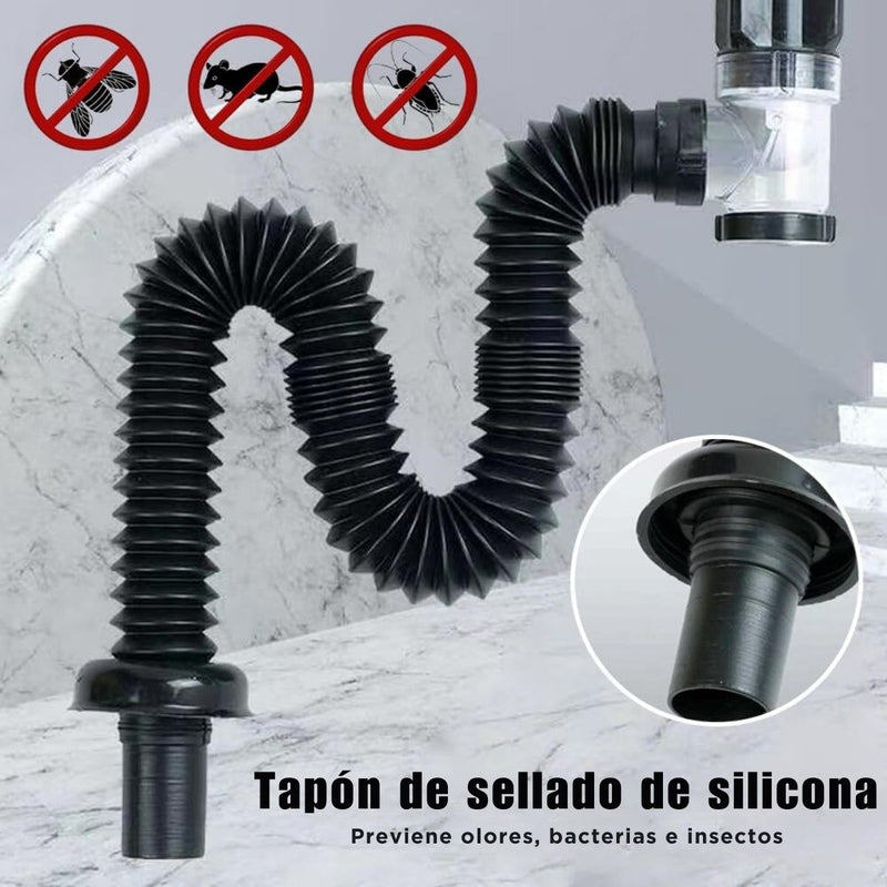 Trampa Para Desagüe Antiolor Flexible. Sifón Para Fregadero Y Lavamanos. Apertura de 30-32 mm, extensible de 45-80 cm (negro)
