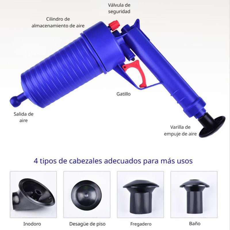 Destapador despacaños De Inodoro De Alta Presión. Neumático Potente Para Baño, Cocina Y Drenajes Con Cabezales Intercambiables.