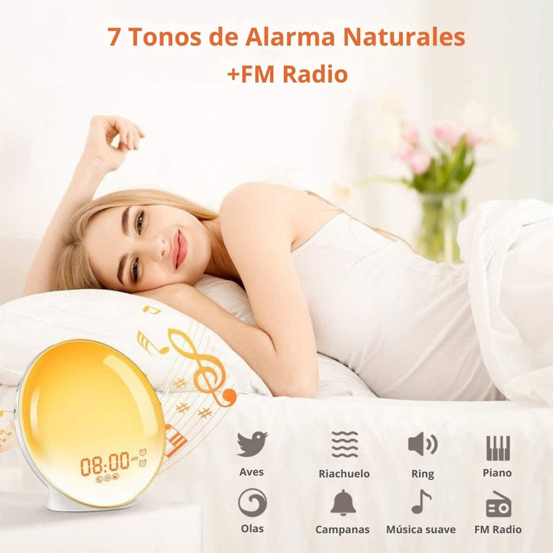 Lampara De Mesa De Noche LED Con Despertador. Reloj Con 7 Tonos de Luz Y Radio FM Con Sonidos Naturales Y Puerto USB Para Cargar El Teléfono.