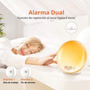 Lampara De Mesa De Noche LED Con Despertador. Reloj Con 7 Tonos de Luz Y Radio FM Con Sonidos Naturales Y Puerto USB Para Cargar El Teléfono.