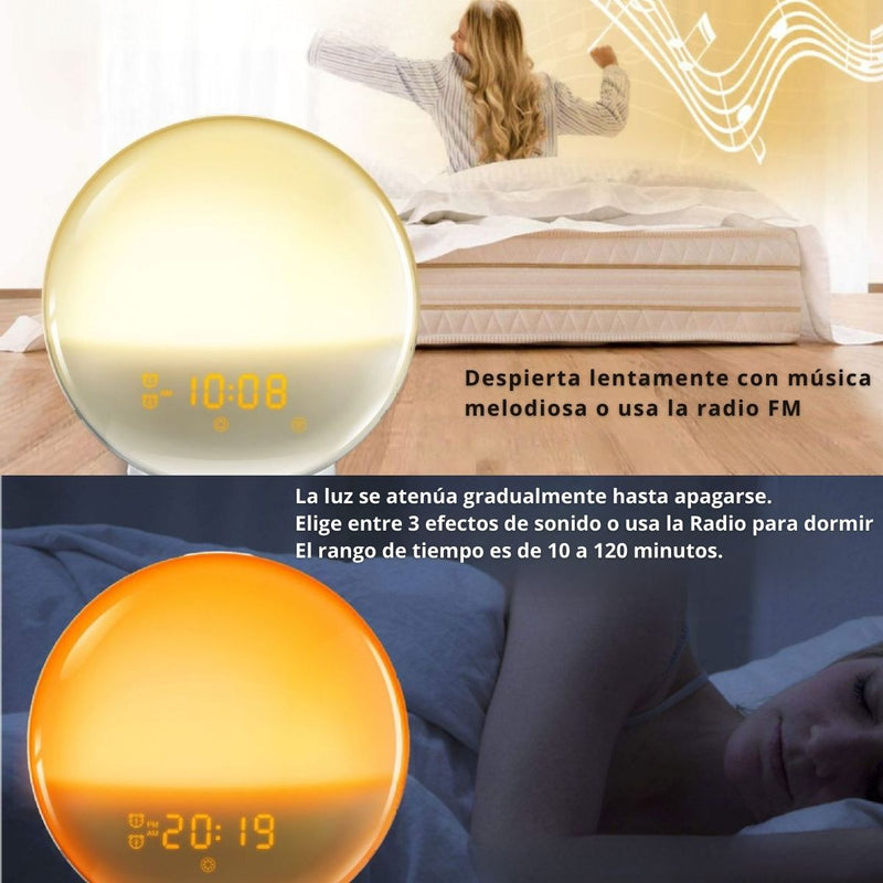 Lampara De Mesa De Noche LED Con Despertador. Reloj Con 7 Tonos de Luz Y Radio FM Con Sonidos Naturales Y Puerto USB Para Cargar El Teléfono.