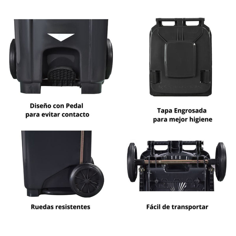 Basurero De Pedal Con Tapa Y Ruedas. Tinaco de Color Gris. Cesto De Residuos Par Uso Residencial E Industrial. Papelera. 240 Lts.