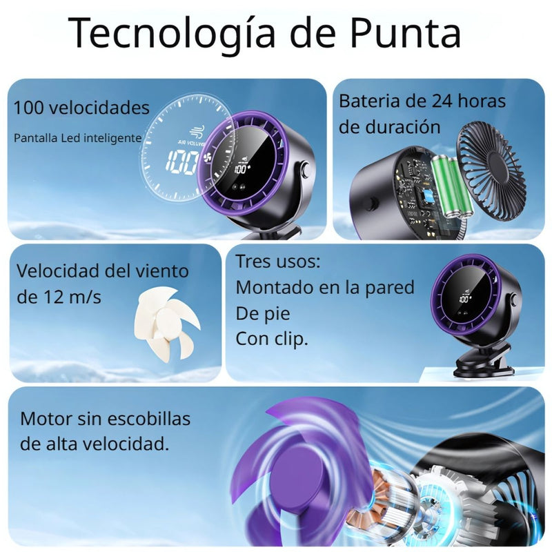 Abanico Recargable De Escritorio De 6" Con Y Pantalla LED. Ventilador Portátil De 100 Velocidades Y Motor Ice Feel. 7V. 5W