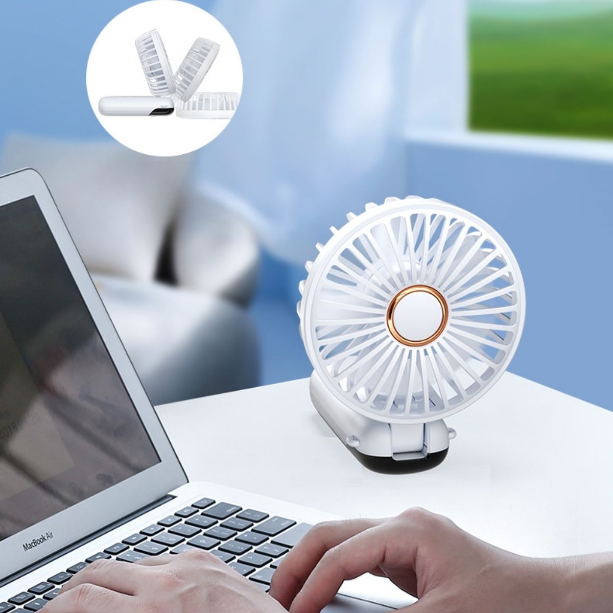 Abanico De Mano Portátil Recargable USB 20000mAh Ultra Silencioso Con Base De 5 Velocidades Y Batería De 15 Horas de Duración. Color Blanco