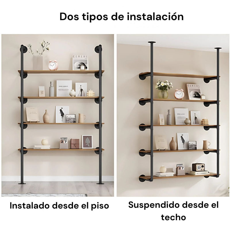 Repisas Estante Flotante Industrial De Tubos de Hierro (60x30 cm) x (173cm alto) Con Repisas De Madera 24"x12”Para Pared.