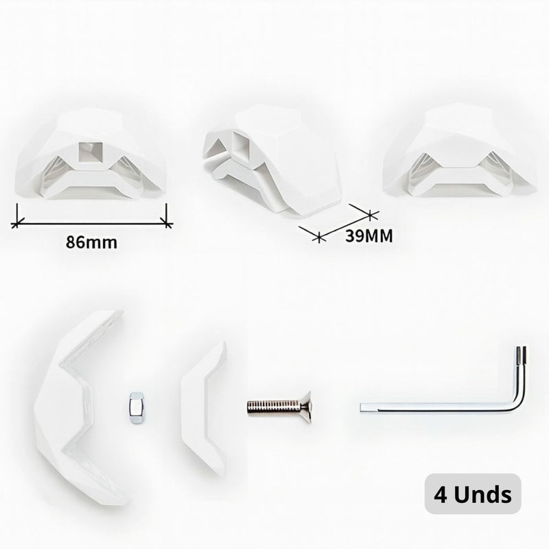 Abrazadera Conector Esquinero De Ensamblaje Para Muebles De Madera Sin Perforación. Para 14 a 21 mm de grosor Color blanco. (4 Unds)