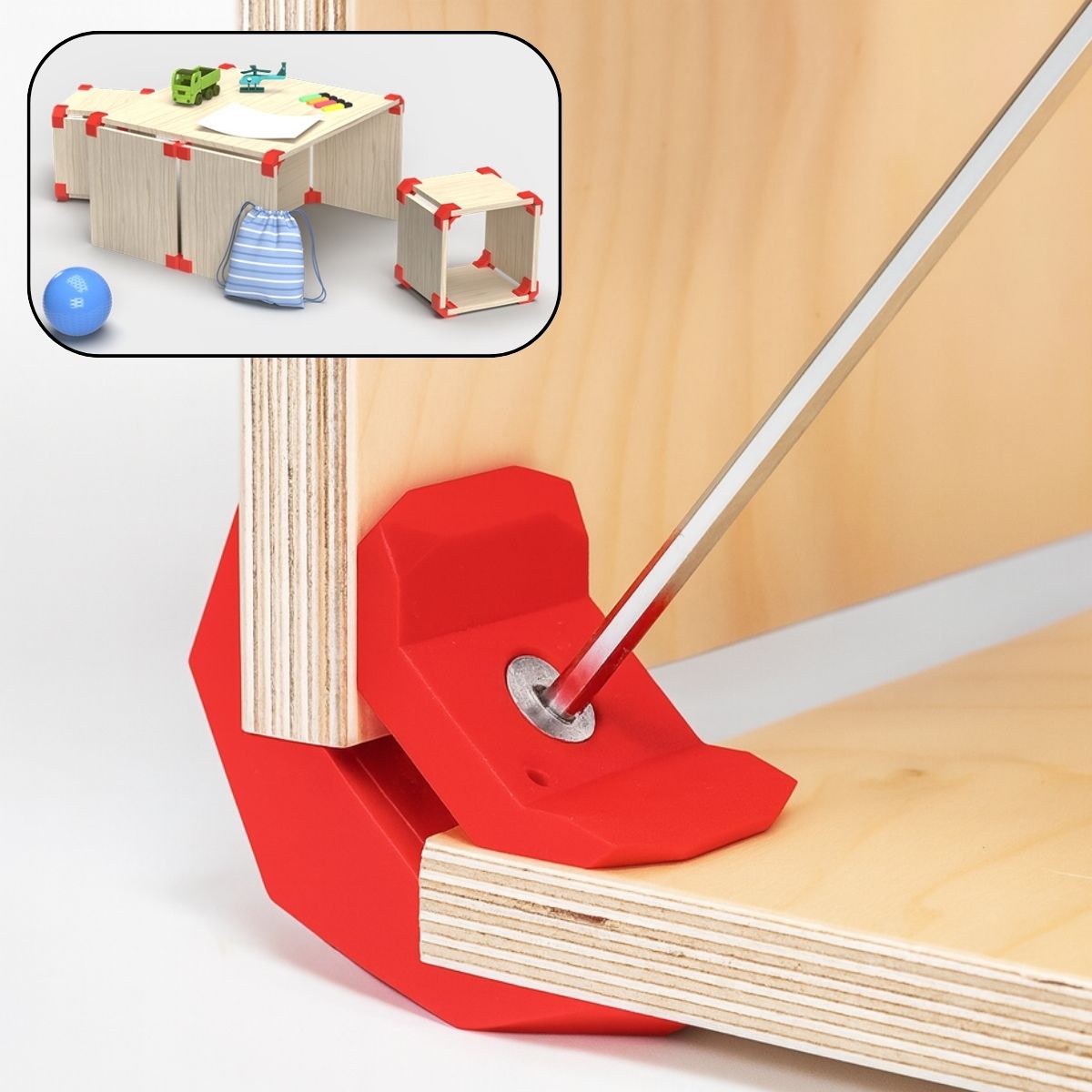 Abrazadera Conector Esquinero De Ensamblaje Para Muebles De Madera Sin Perforación. Para 14 a 21 mm de grosor Color rojo. (4 Unds)