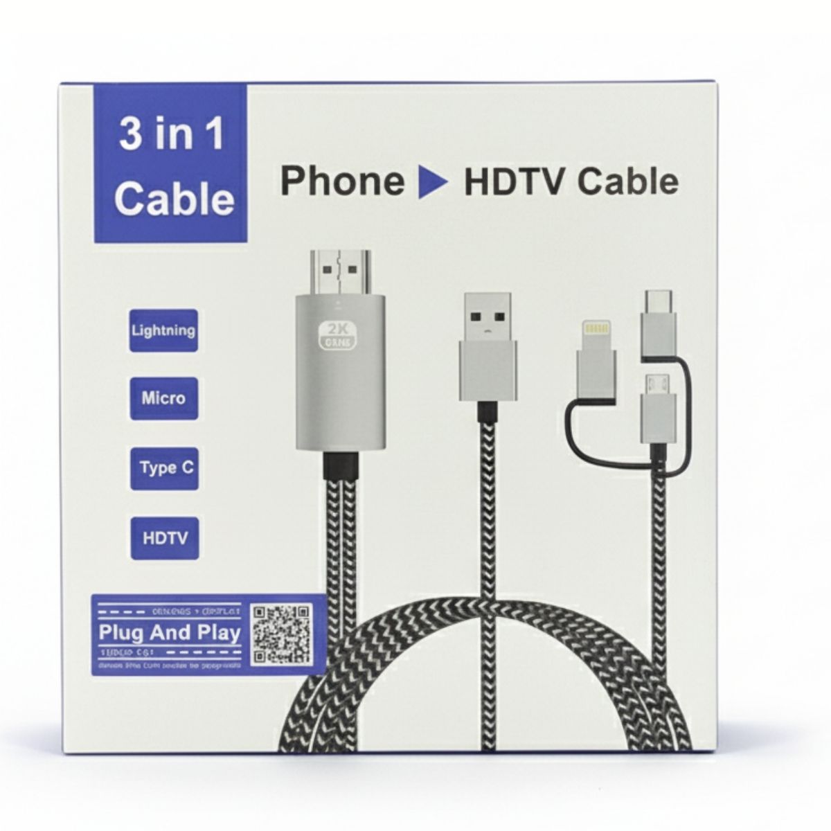 Cable HDMI USB Universal 3 En 1 Con Entrada Lightning Micro Y  USBC. 2 Metros De Largo
