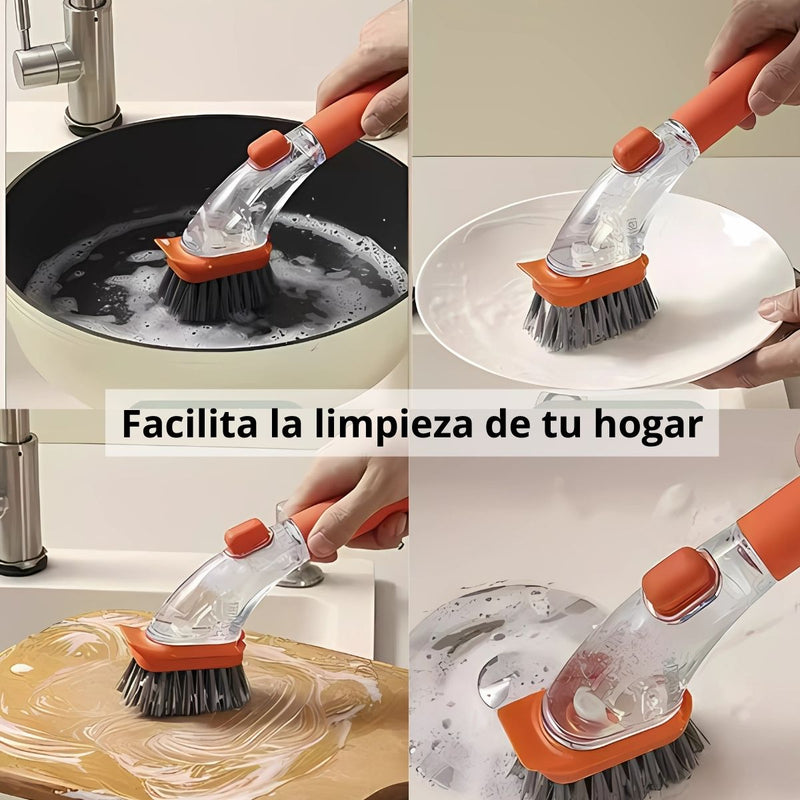 Cepillo Multifuncional De Limpieza Con Dispensador De Jabón. Ideal Para el Aseo De Cocinas Y Baños. Color Naranja.