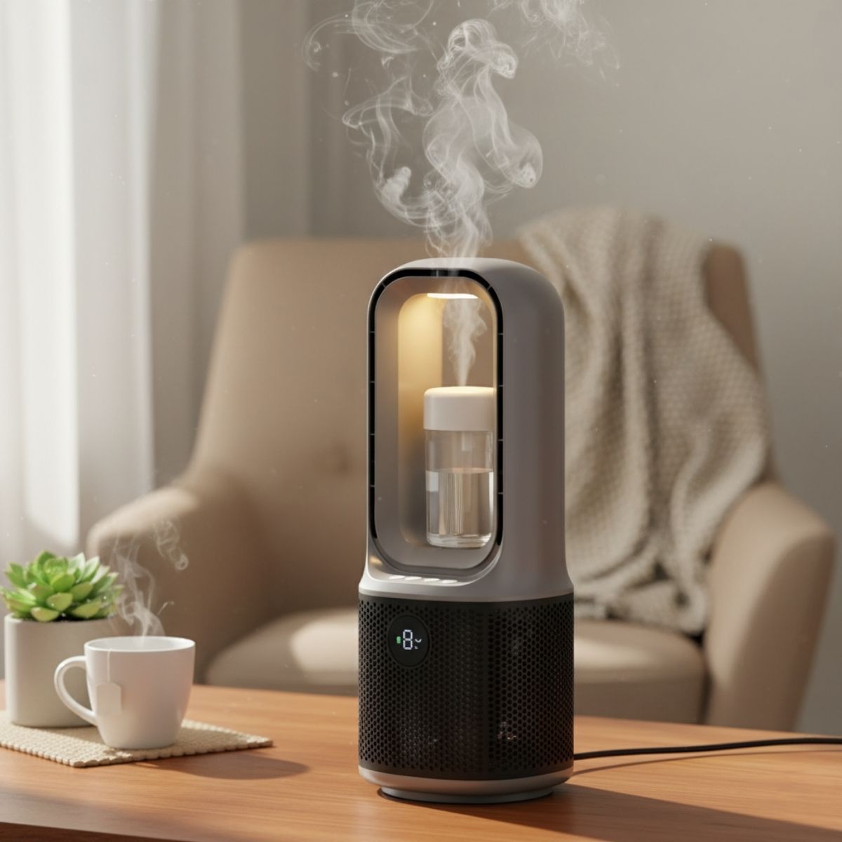 Abanico De Escritorio De 9 Velocidades Con rociador Humidificador Y Temporizador.  Ventilador Sin Aspas Con Spray Y Luz Led. Color Gris