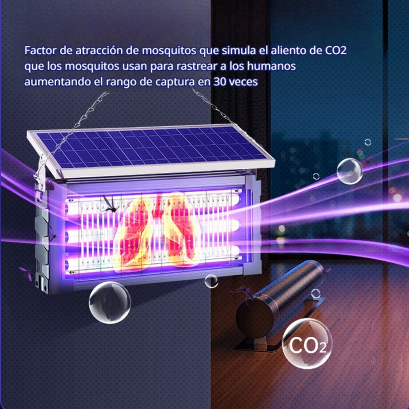 Lámpara Solar Mata Insectos Recargable. Antimosquitos 20W Triple Tubo UV Para Terrazas, Patios, Gazebos. Cobertura 200 m². 30x18x67.5cm.