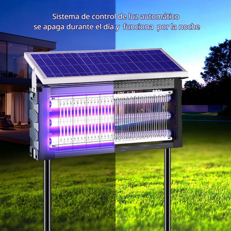 Lámpara Solar Mata Insectos Recargable. Antimosquitos 20W Triple Tubo UV Para Terrazas, Patios, Gazebos. Cobertura 200 m². 30x18x67.5cm.
