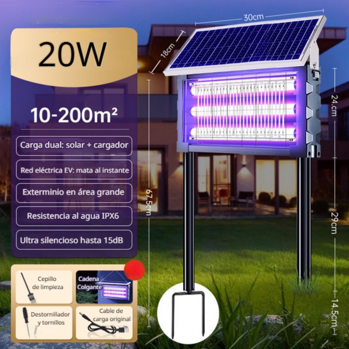 Lámpara Solar Mata Insectos Recargable. Antimosquitos 35W Triple Tubo UV Para Terrazas, Patios, Gazebos. Cobertura 400 m². 65x19.5x87.5cm.