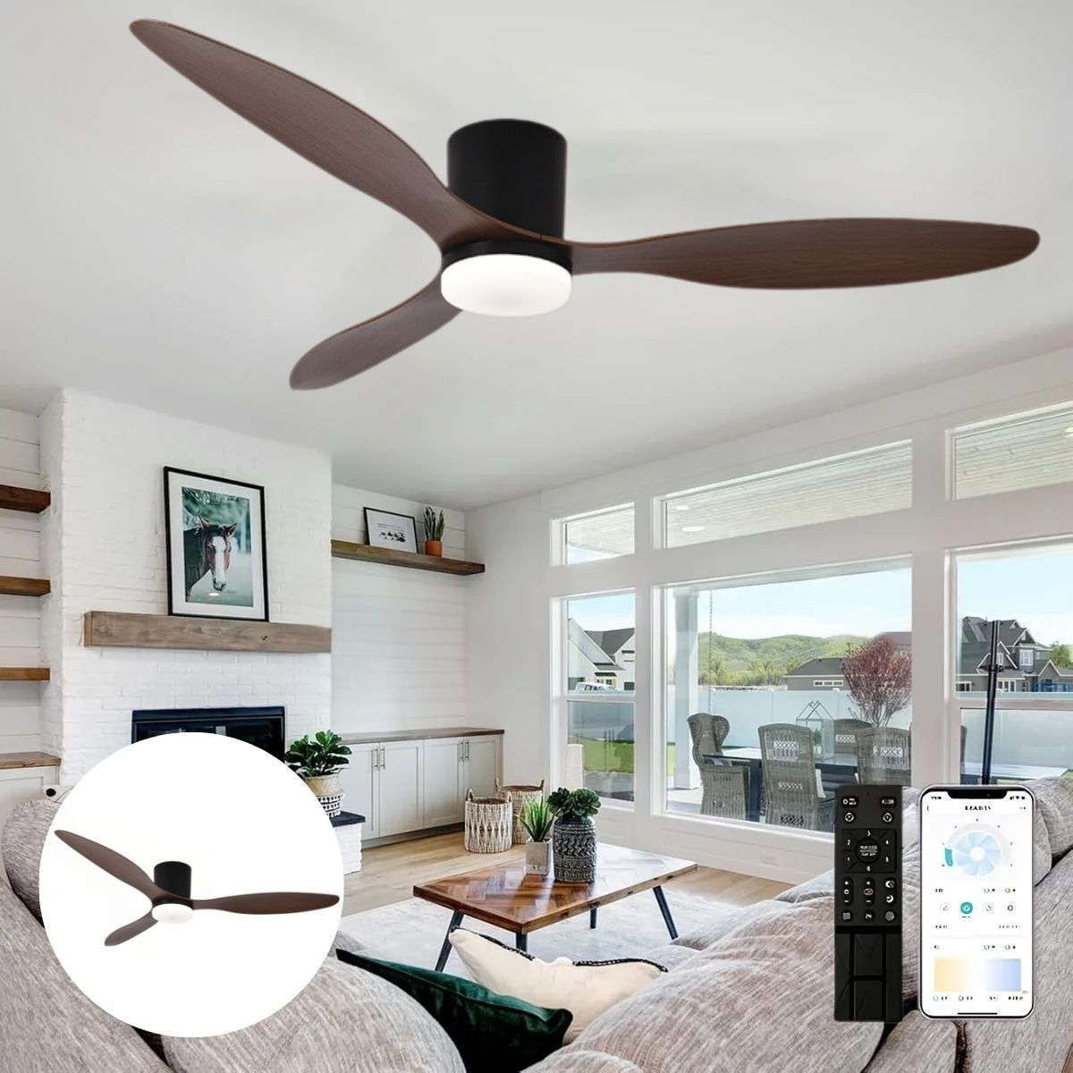 Abanico De Techo Con Lámpara. 3 tonos De Luz. 42'' Ventilador Con Control Remoto y APP. Fan 110V Color Chocolate.