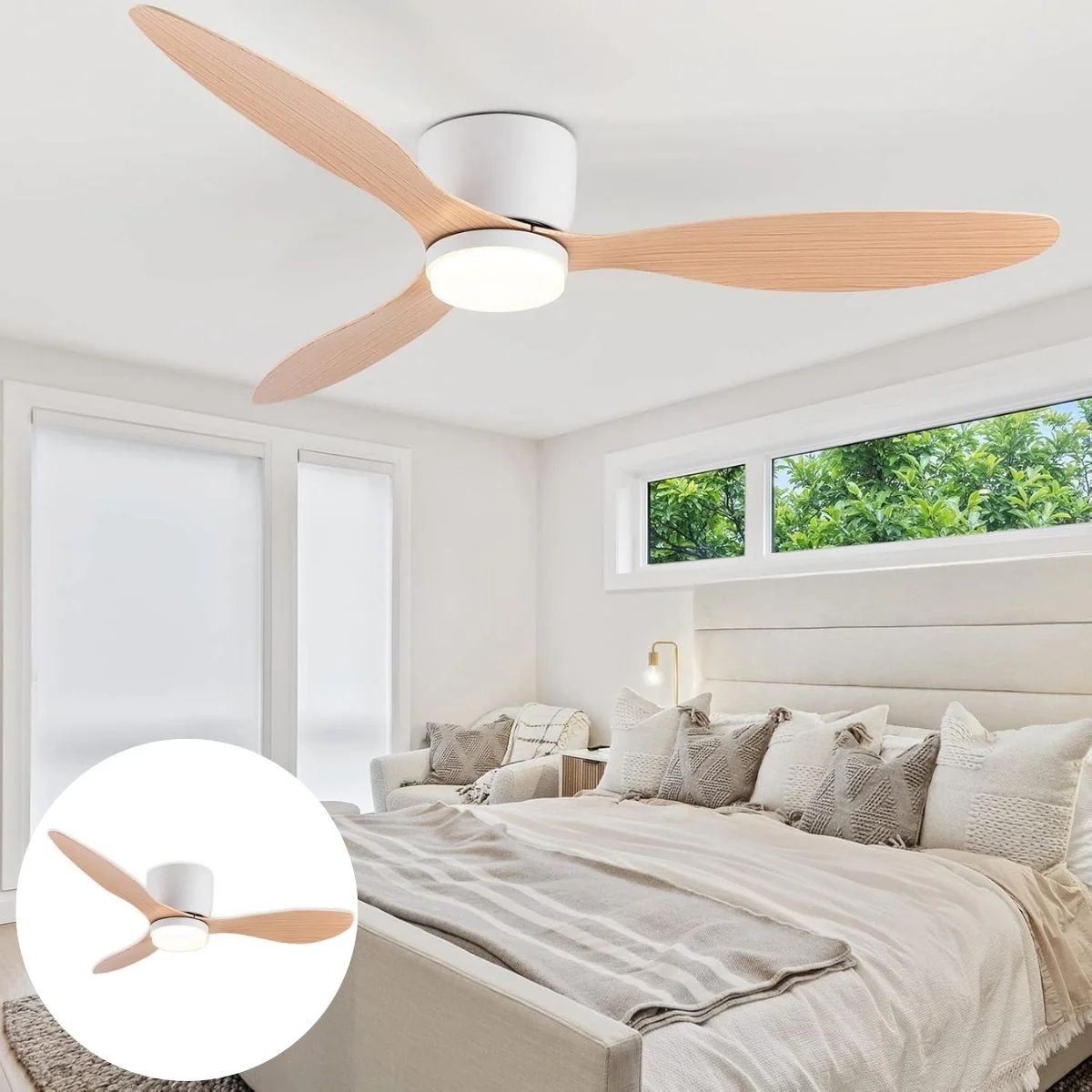 Abanico De Techo Con Lámpara. 3 Tonos De Luz. 42" Ventilador Con Control Remoto. Fan 110V Color Madera clara