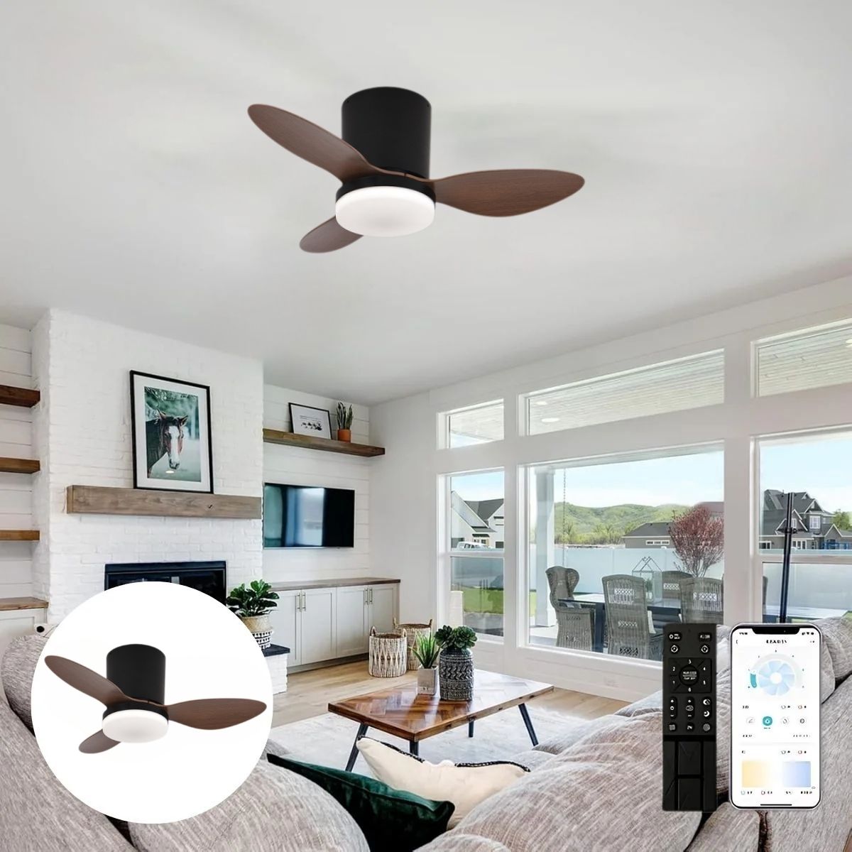 Abanico De Techo Con Lámpara. 3 Tonos De Luz. 25" Ventilador Con Control Remoto. Fan 110V Color Chocolate.