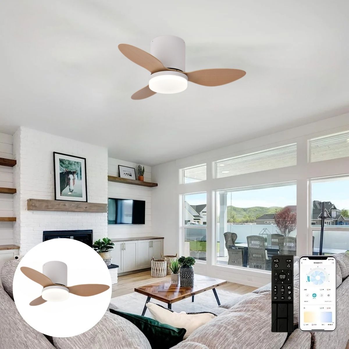 Abanico De Techo Con Lámpara. 3 Tonos De Luz. 25" Ventilador Con Control Remoto. Fan 110V Color Madera claro