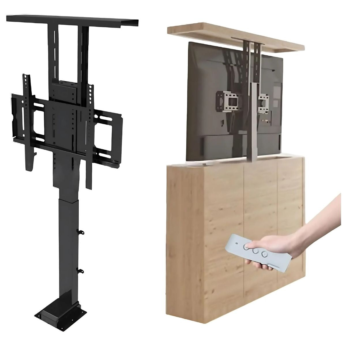 Soporte De TV oculto Con Altura motorizado automático Ajustable 27.9 - 63.4” (71cm  – 1.6 mts) Con Control Remoto. Elevador de TV Automático. Para Monitores 42-70”.