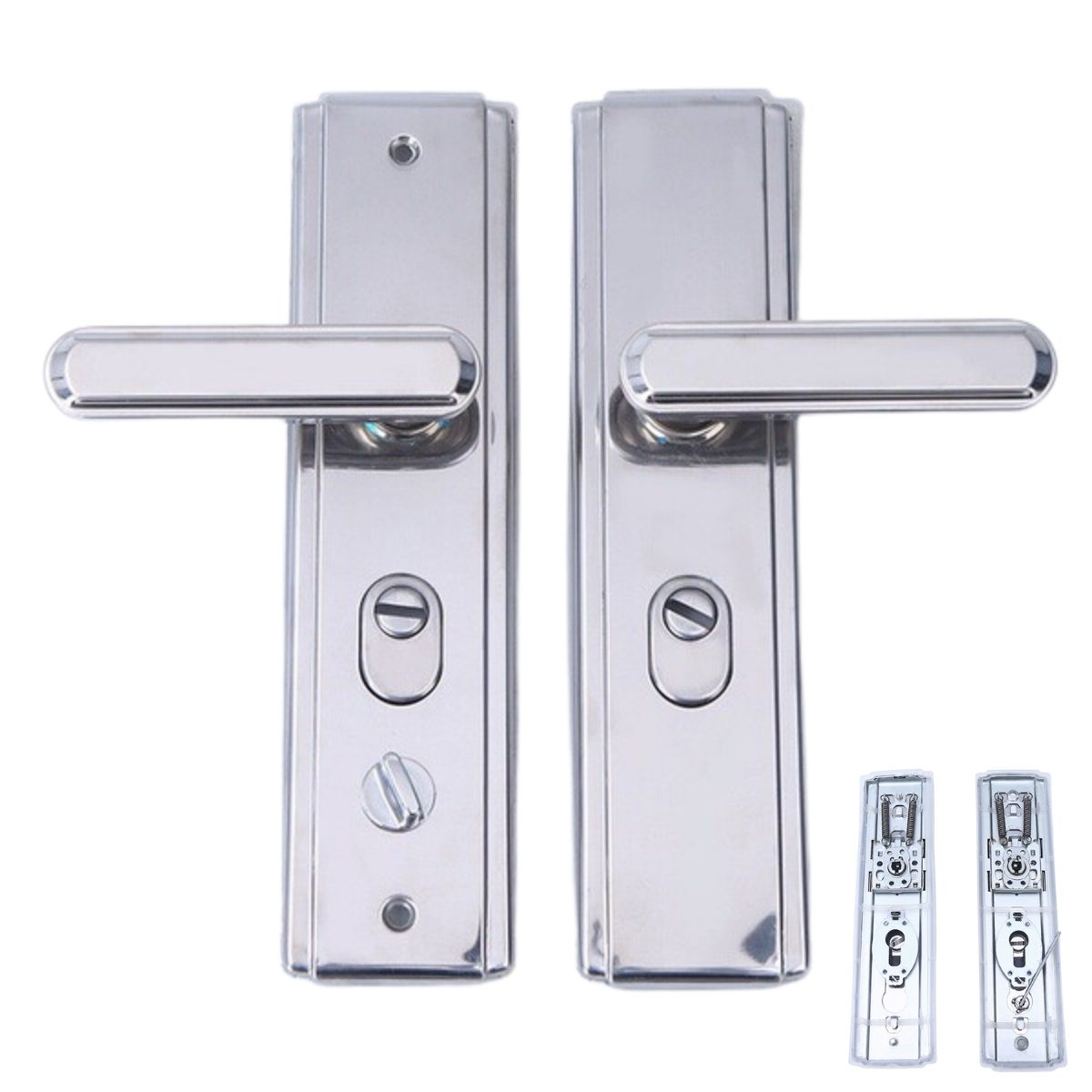 Manija (Chapa) De Puerta de seguridad De Doble Tracción. Tirador Doble Resorte Con Placa De Acero Inoxidable 280x70mm. Distancia entre orificios 235mm. Plateado (No Incluye Cerradura)