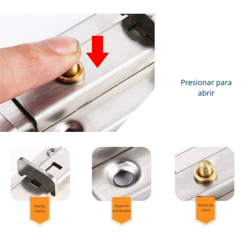 Picaporte De 4” De Acero Inoxidable. Pasador Con Botón Y Tornillos incluidos. Cerrojo. Pestillo.