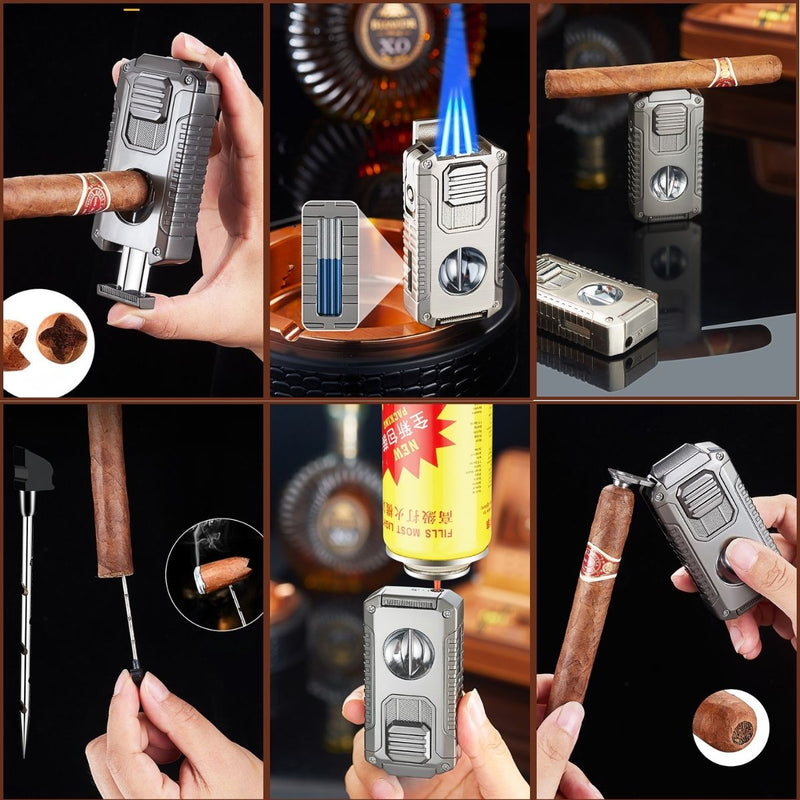Encendedor Lighter Multifuncional De Antorcha Para Habanos 5 En 1, con cortador, punzon Triple Antorcha Recargable, Soplete De Butano Para Encender Puros. Zippo