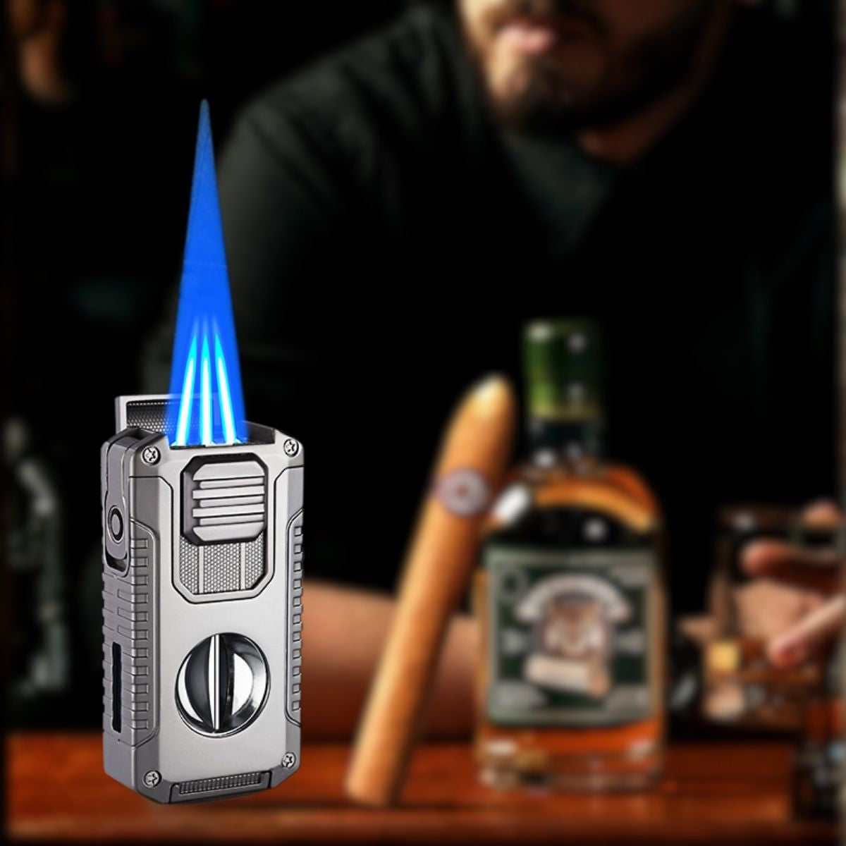 Encendedor Lighter Multifuncional De Antorcha Para Habanos 5 En 1, con cortador, punzon Triple Antorcha Recargable, Soplete De Butano Para Encender Puros. Zippo