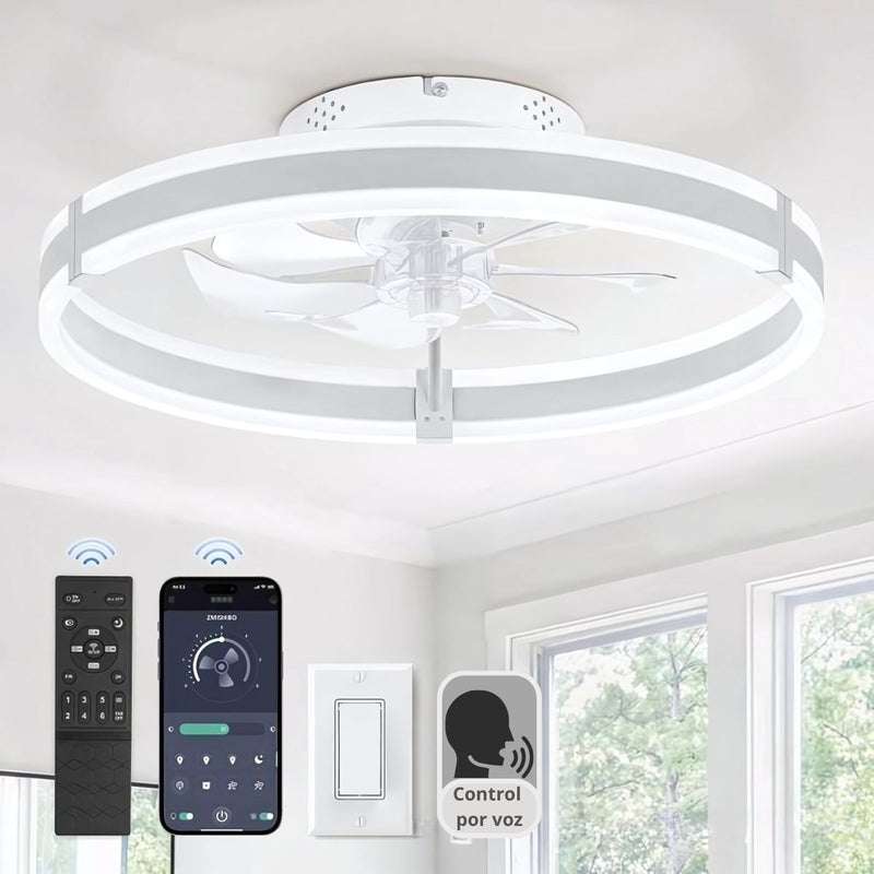 Abanico De Techo 13" Con Luz Led Dimeable. Ventilador A Control Remoto y Control Por Voz Offline. Color Blanco.
