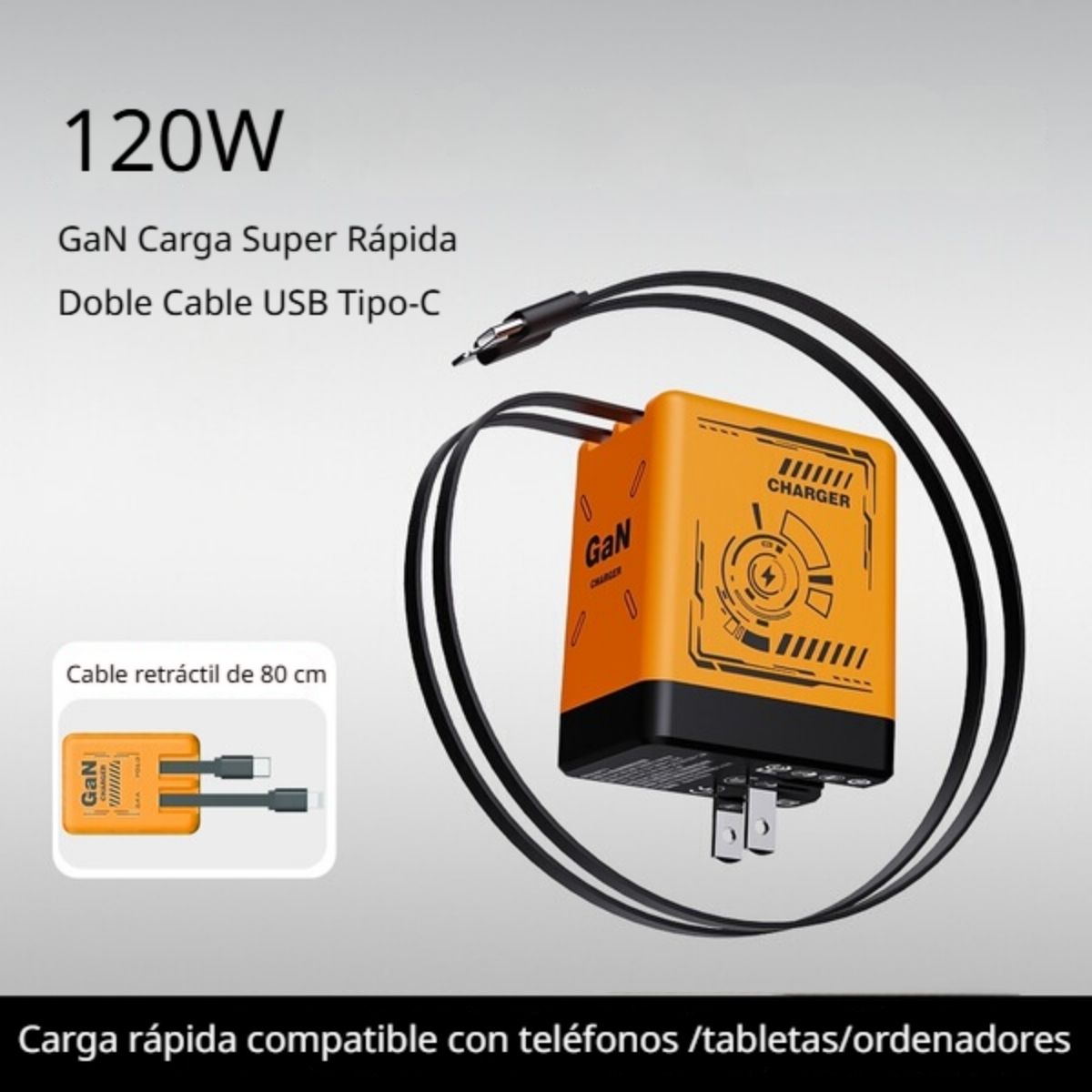 Cargador Rápido GaN (Nitruro de Galio) 120W Con Doble Cable Retráctil Compatible Con iPhone Y Android. Color Naranja 80cm