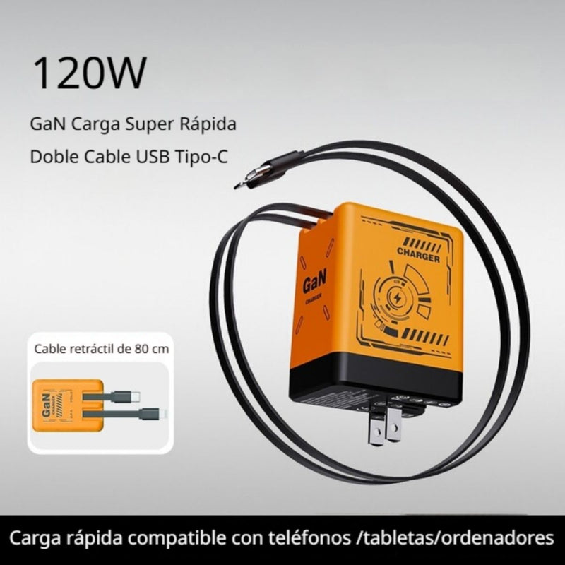 Cargador Rápido GaN (Nitruro de Galio) 120W Con Doble Cable Retráctil Compatible Con iPhone Y Android. Color Naranja 80cm