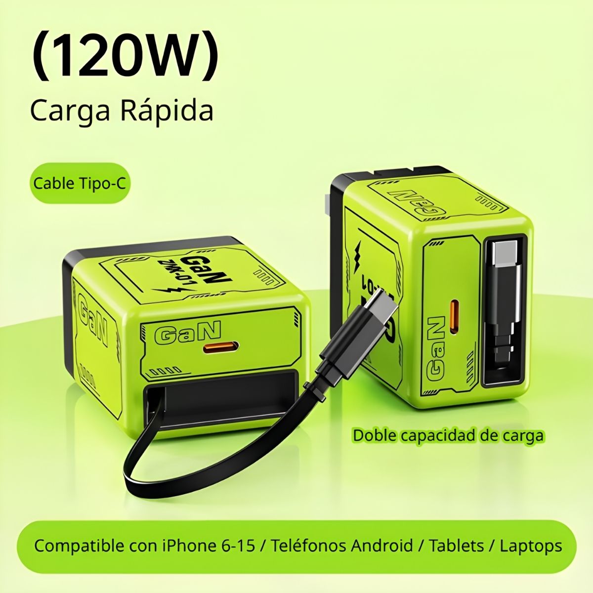 Cargador Rápido GaN (Nitruro de Galio) 120W Tipo-C Doble Capacidad De Carga Compatible Con iPhone Y Android (1 Und)