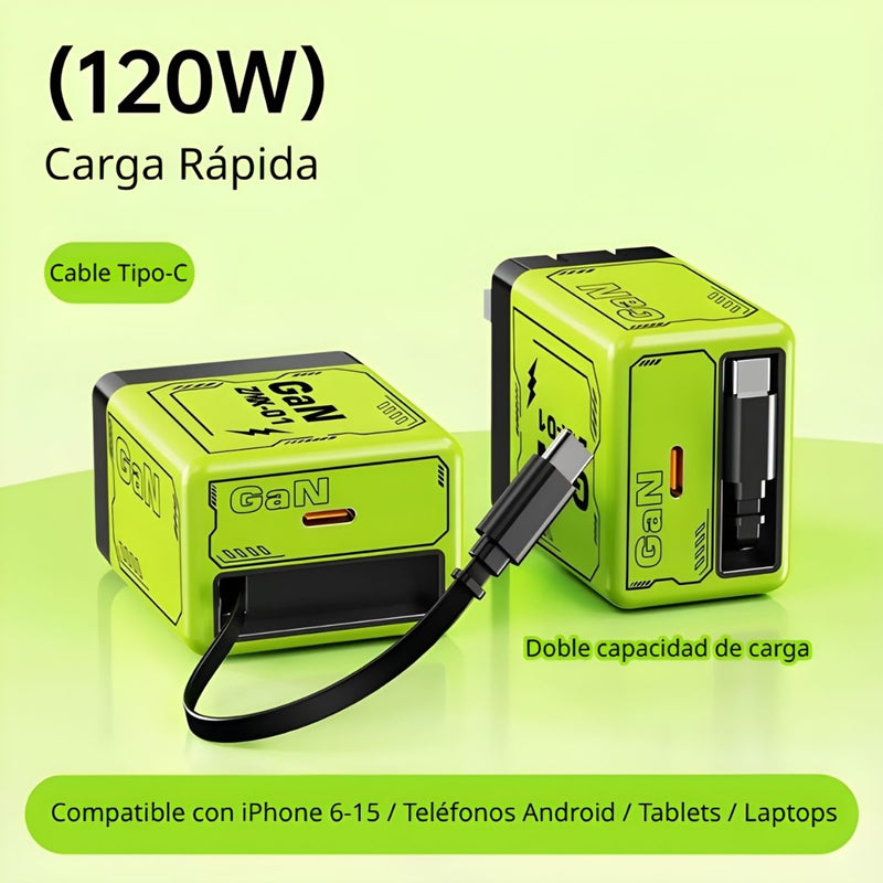 Cargador Rápido GaN (Nitruro de Galio) 120W Tipo-C Doble Capacidad De Carga Compatible Con iPhone Y Android (1 Und)