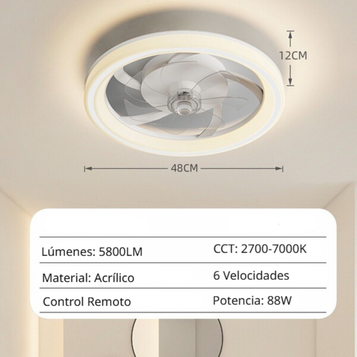 Abanico De Techo Con Luz Led Y Control Remoto. Ventilador Silencioso Con Lámpara Dimeable Integrada 18.8” (48cm) Color blanco