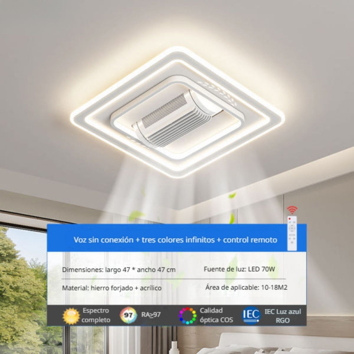 Abanico De Techo Sin Aspas Con Luz Led Dimeable. Ventilador Con Lámpara Incorporada Con Control De Voz Y Control Remoto. 18.5”x18.5” (47X47cm). Color Blanco.