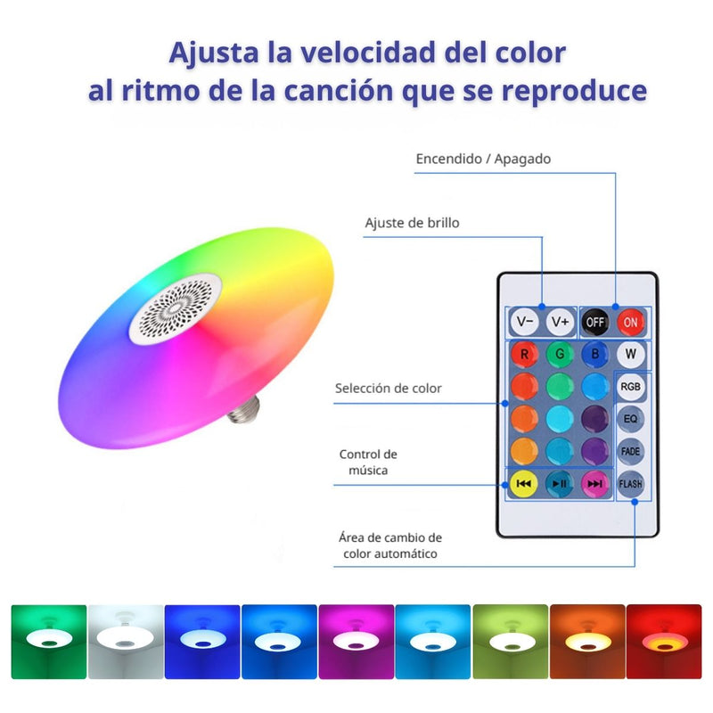 Foco LED RGB Y Luz Blanca 6500K Bluetooth Con Bocina. Lámpara Socket E27 Con Control Remoto. Bombillo Para Salas, Habitaciones, Gamers. 18W.6.3” (16CM)