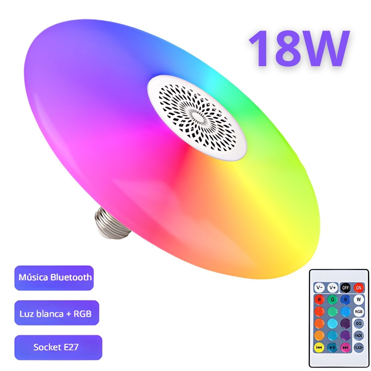 Foco LED RGB Y Luz Blanca 6500K Bluetooth Con Bocina. Lámpara Socket E27 Con Control Remoto. Bombillo Para Salas, Habitaciones, Gamers. 18W.6.3” (16CM)