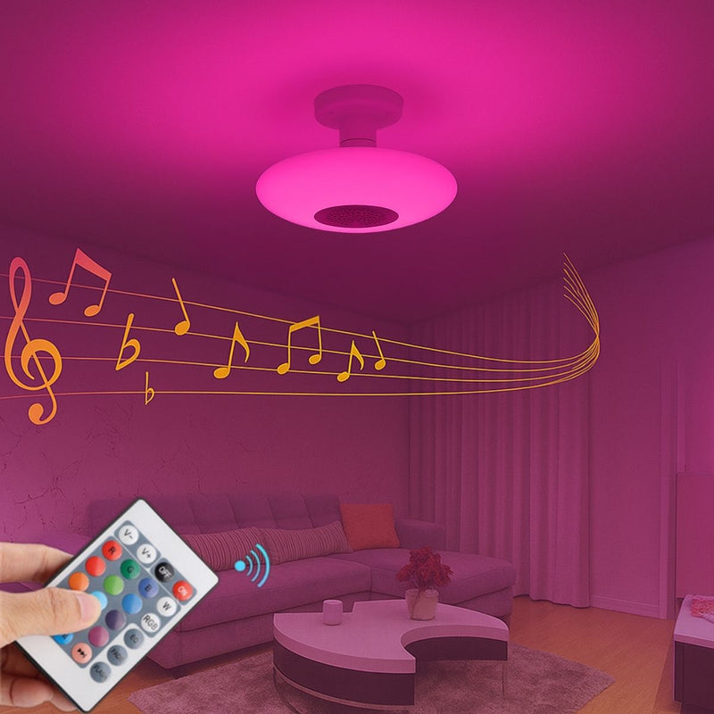 Foco LED RGB Y Luz Blanca 6500K Bluetooth Con Bocina. Lámpara Socket E27 Con Control Remoto. Bombillo Para Salas, Habitaciones, Gamers. 18W.6.3” (16CM)