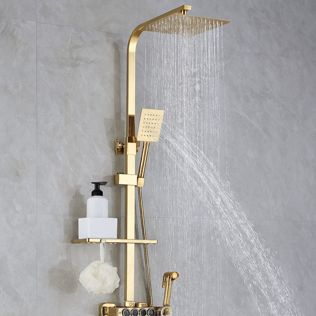 Ducha Tipo Lluvia. Set de Regadera Con Termostato Y Ducha De Mano Con Estante De Almacenamiento. Color dorado.