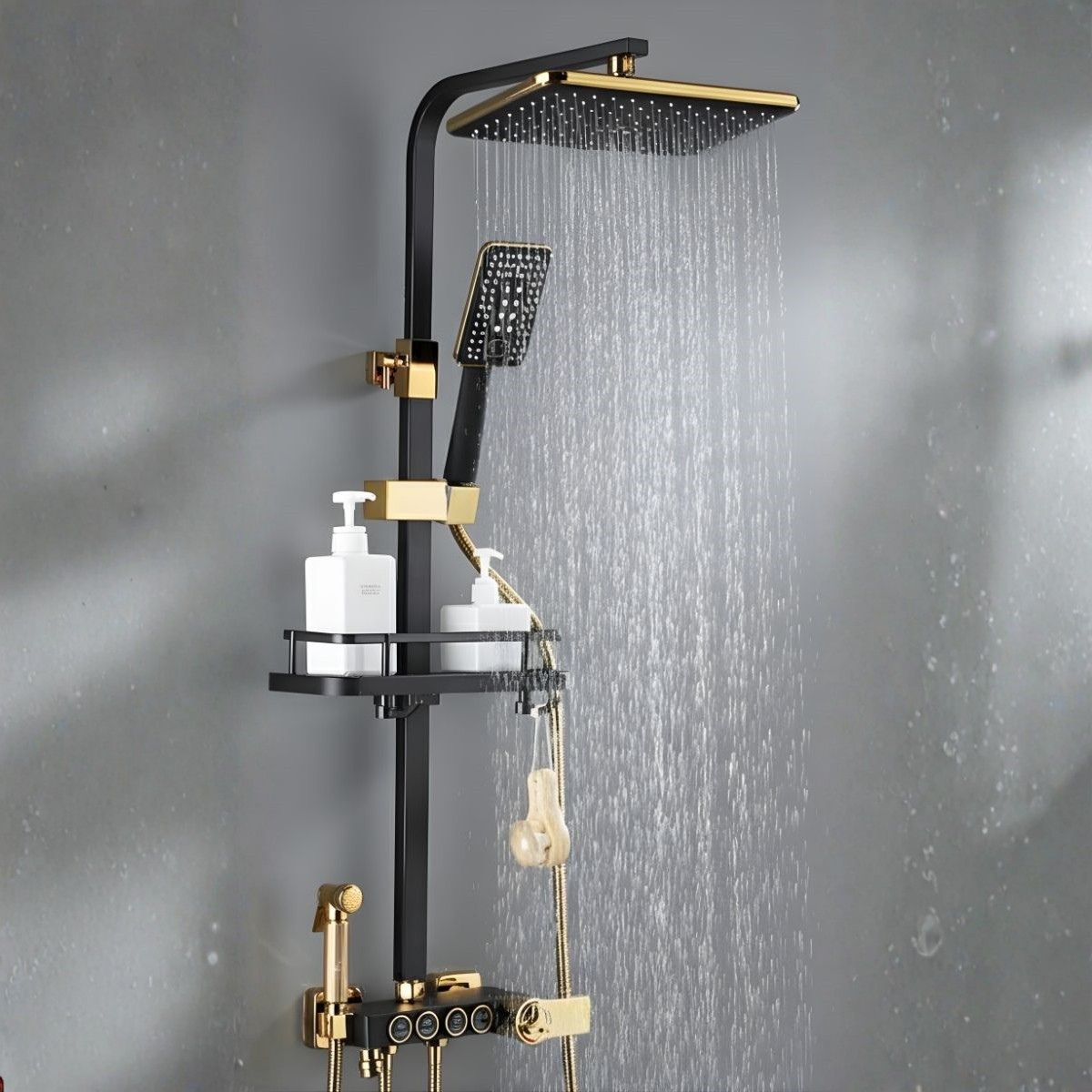 Ducha Tipo Lluvia. Set de Regadera Con Termostato Y Ducha De Mano Con Estante De Almacenamiento. Color negro con dorado.